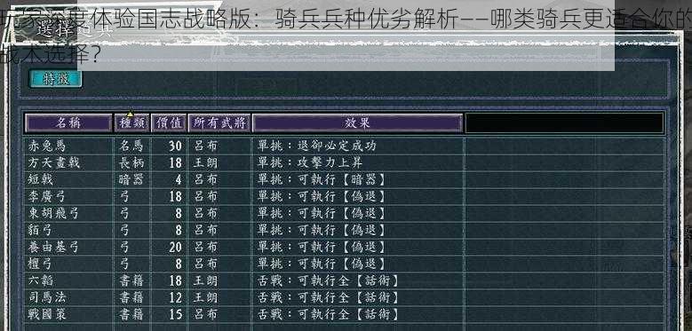 玩家深度体验国志战略版：骑兵兵种优劣解析——哪类骑兵更适合你的战术选择？